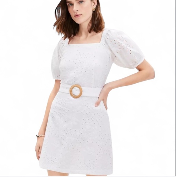 NWOT LOFT 100% Cotton Eyelet Belted Square Neck White Mini Dress Size 10 Petite - Picture 1 of 15